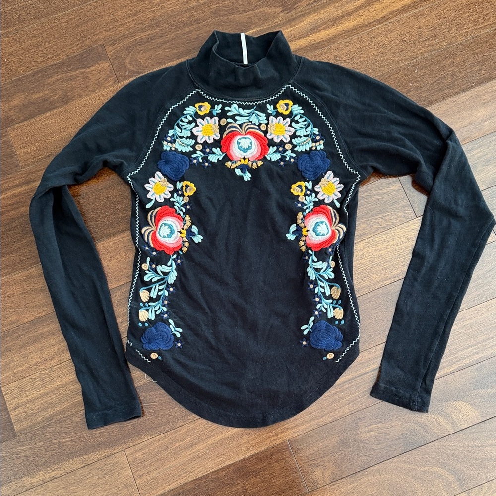 Free People Black Floral Embroidered Long Sleeve Top